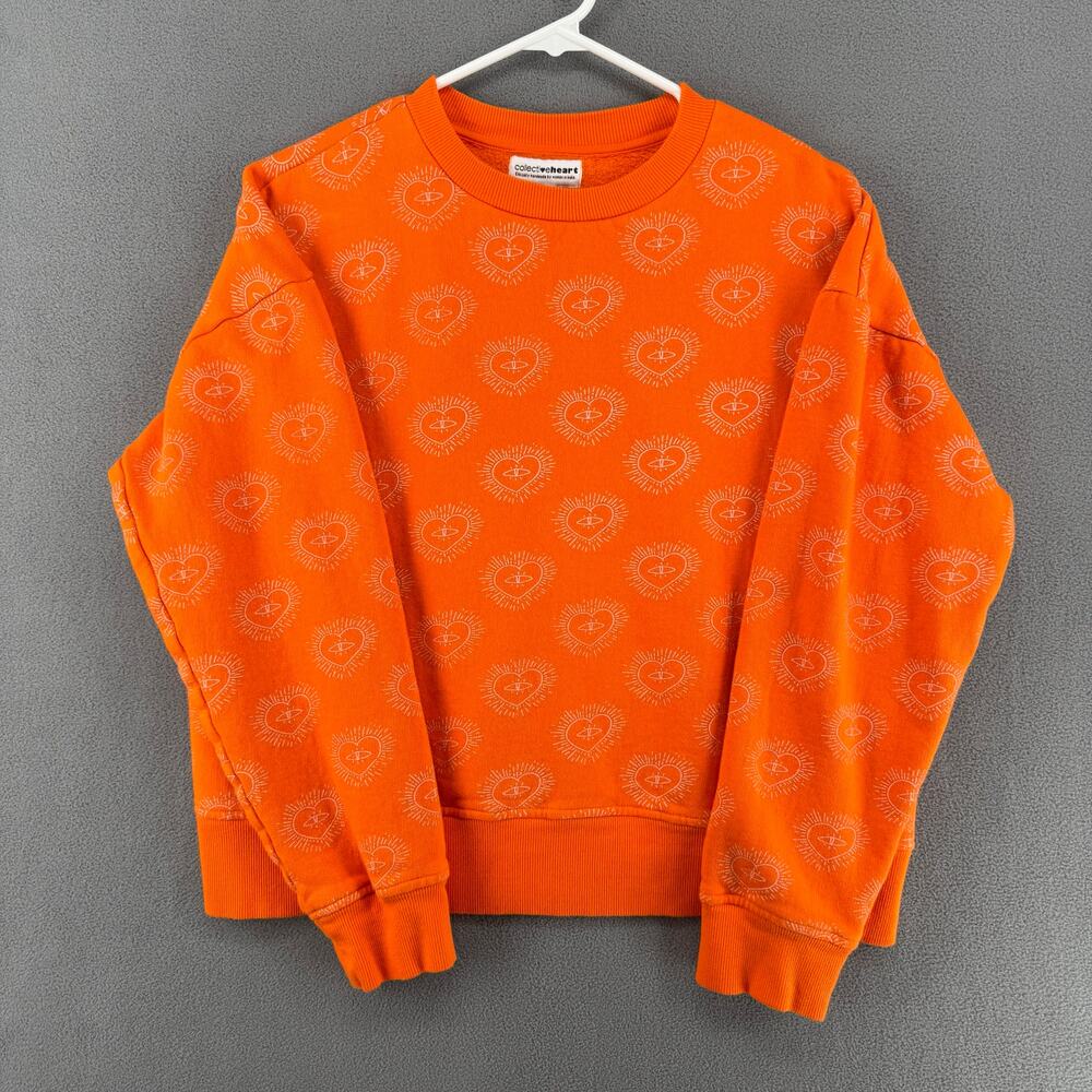 Collective Heart Eyes Crewneck Sweatshirt Womens M Orange Organic Cotton Allover